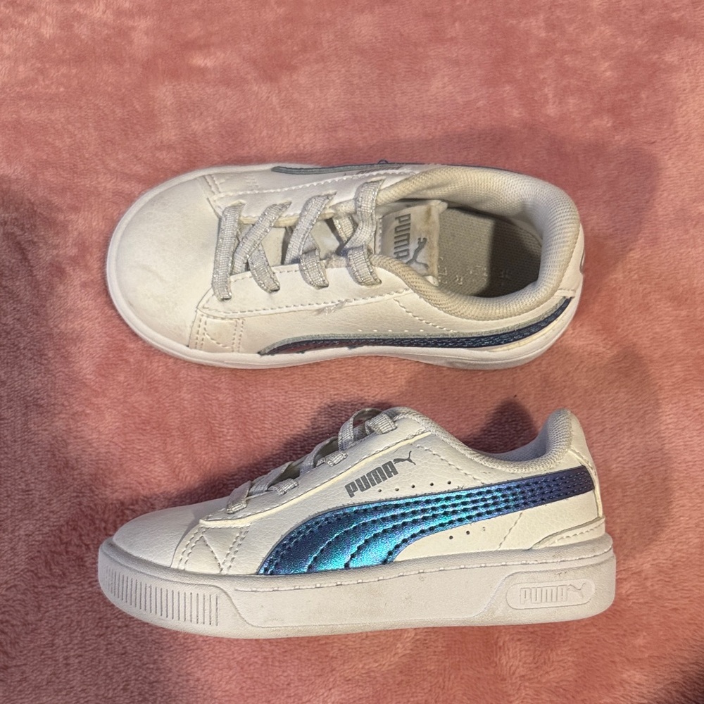 Puma Kids White Sneakers with Blue Accents